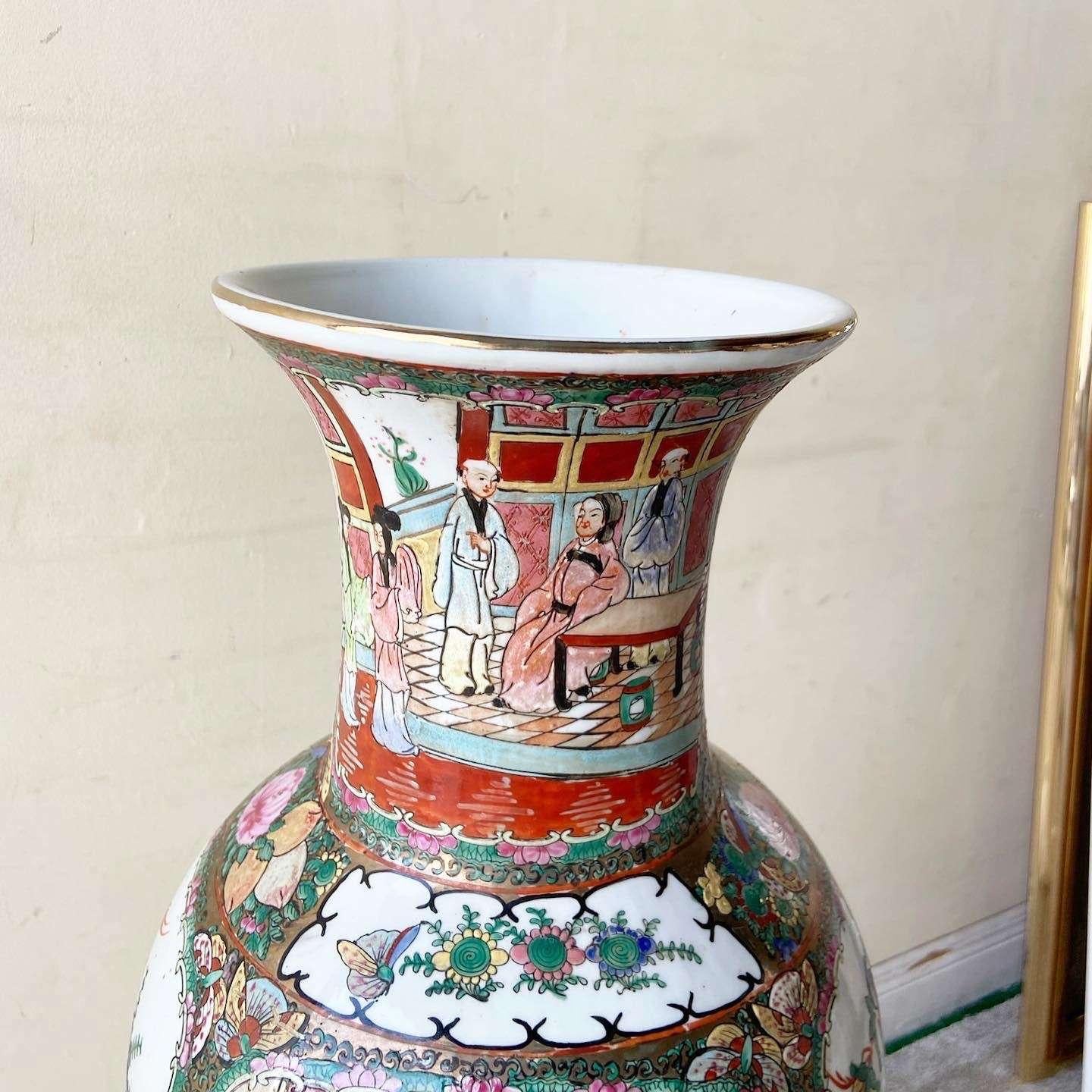 Vintage Chinoiserie Hand Painted Porcelain Floor Vase For Sale 4