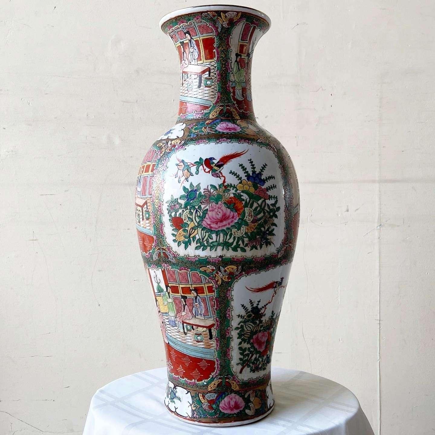 Chinese Export Vintage Chinoiserie Hand Painted Porcelain Floor Vase For Sale