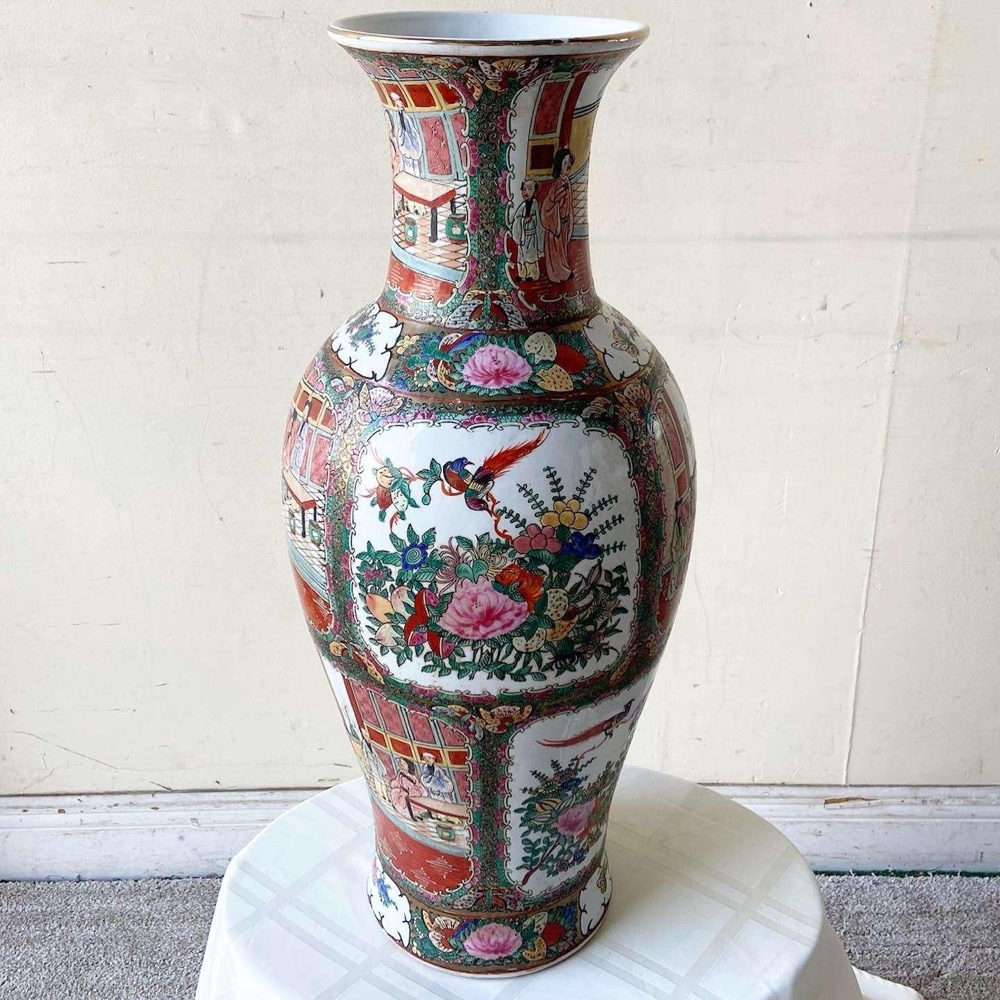 Vintage Chinoiserie Hand Painted Porcelain Floor Vase In Good Condition For Sale In Delray Beach, FL