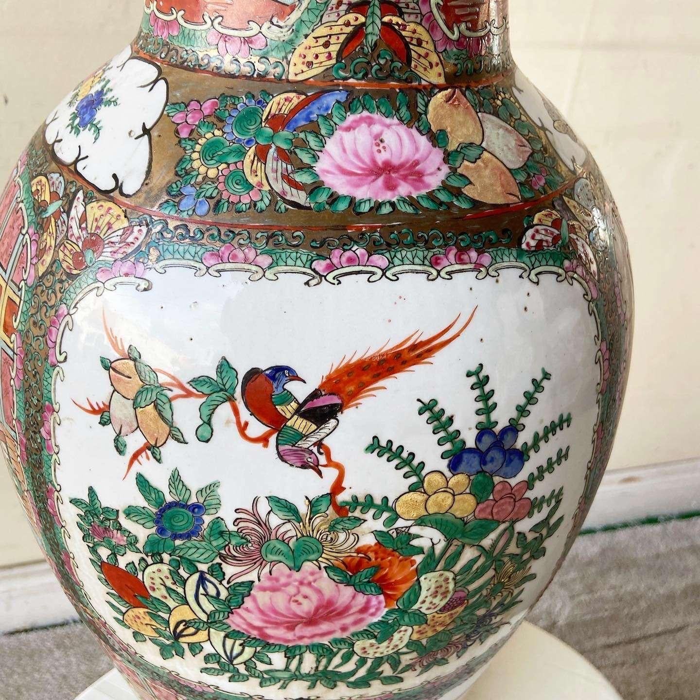 Vintage Chinoiserie Hand Painted Porcelain Floor Vase For Sale 2