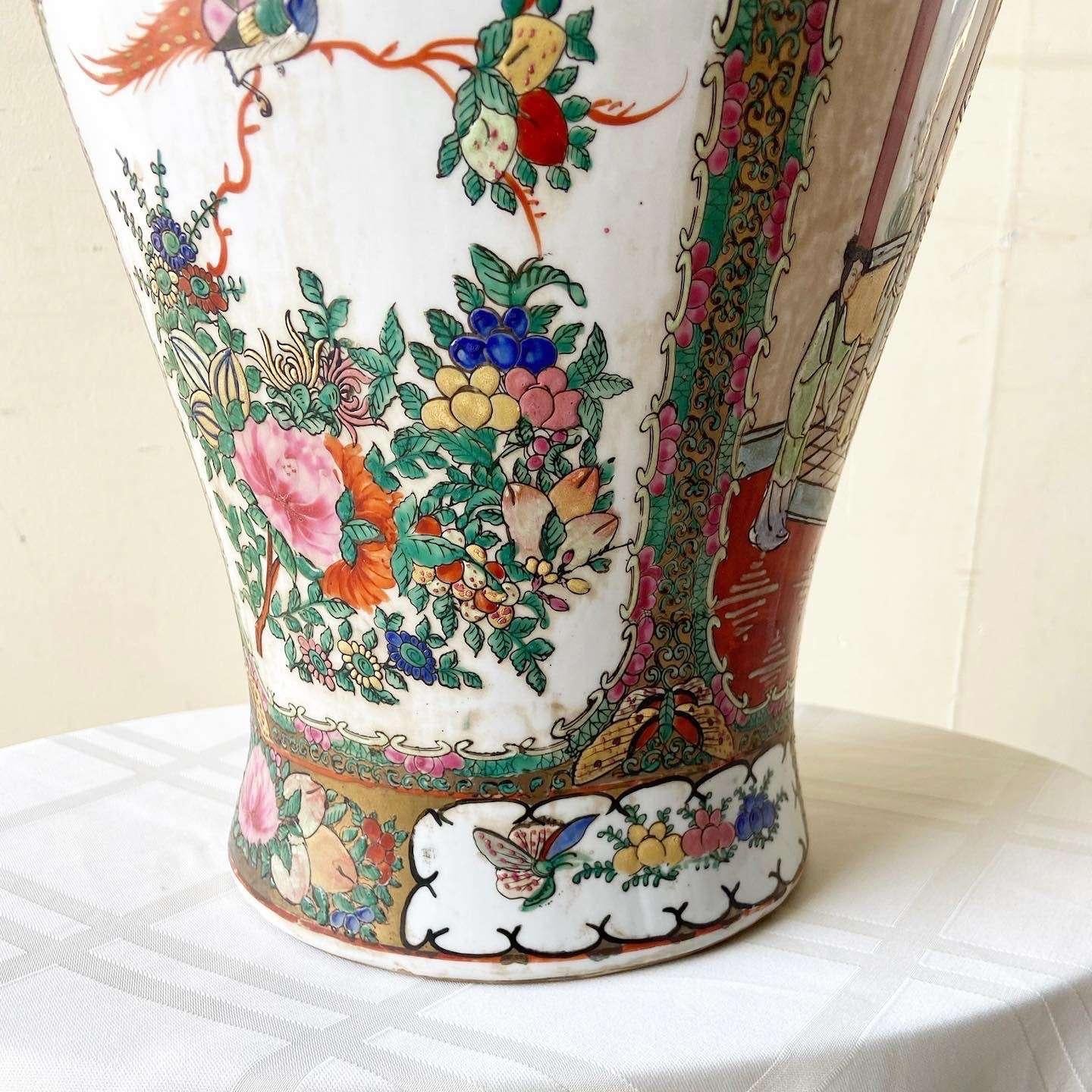 Vintage Chinoiserie Hand Painted Porcelain Floor Vase For Sale 3