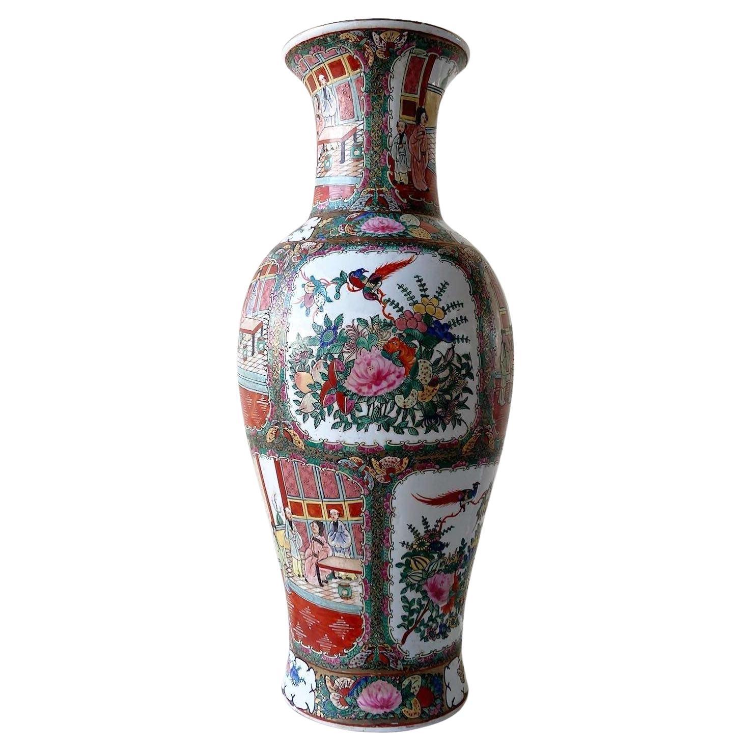 Vintage Chinoiserie Hand Painted Porcelain Floor Vase For Sale