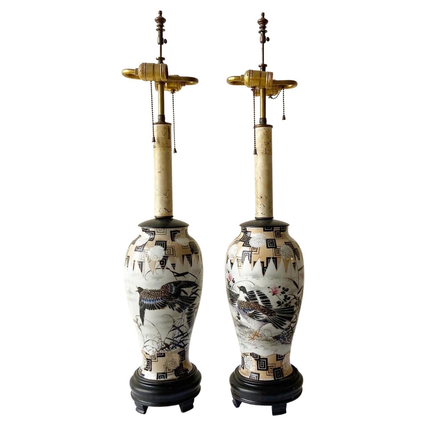 Chinoiserie Hand Painted Ceramic Table Lamps, a Pair For Sale at 1stDibs