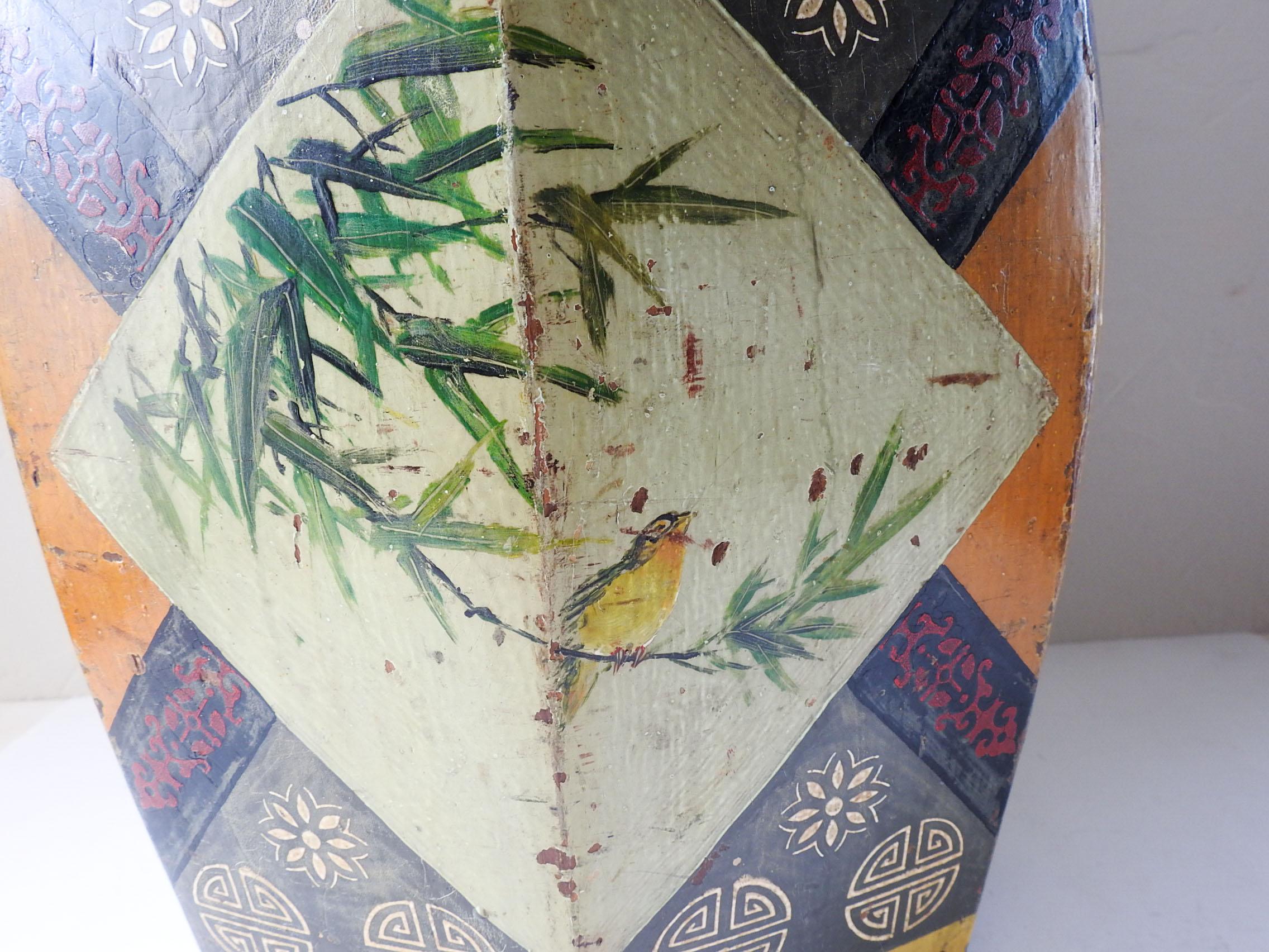 Vintage Chinese hand painted wood garden style seat, stool or barrel with lid. Birds, botanical and pastoral scenes. Overall wear to paint, clean inside.