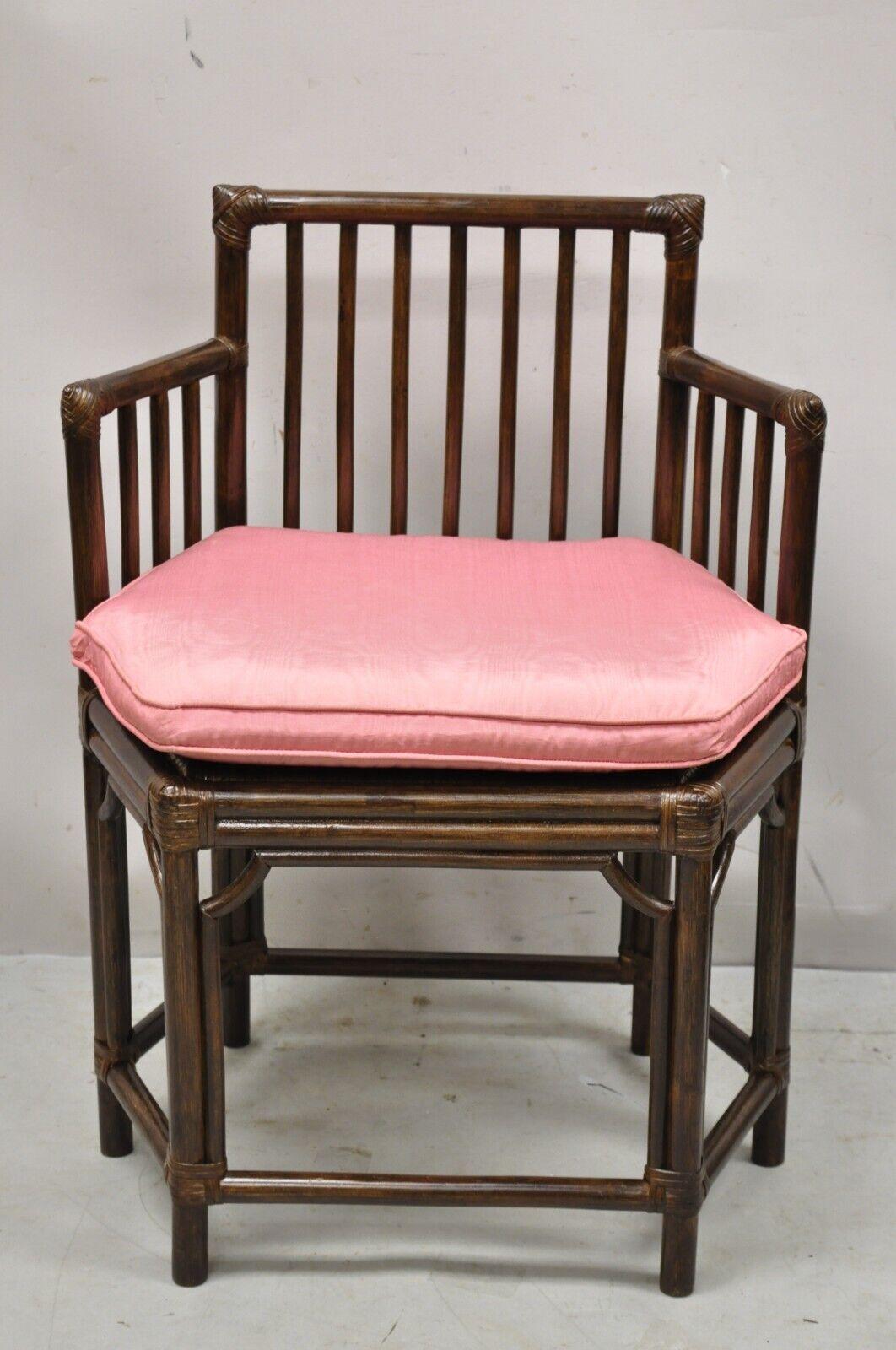 Vintage Chinoiserie Hollywood Regency Bamboo Rattan Hexagonal Side Arm Chair 6
