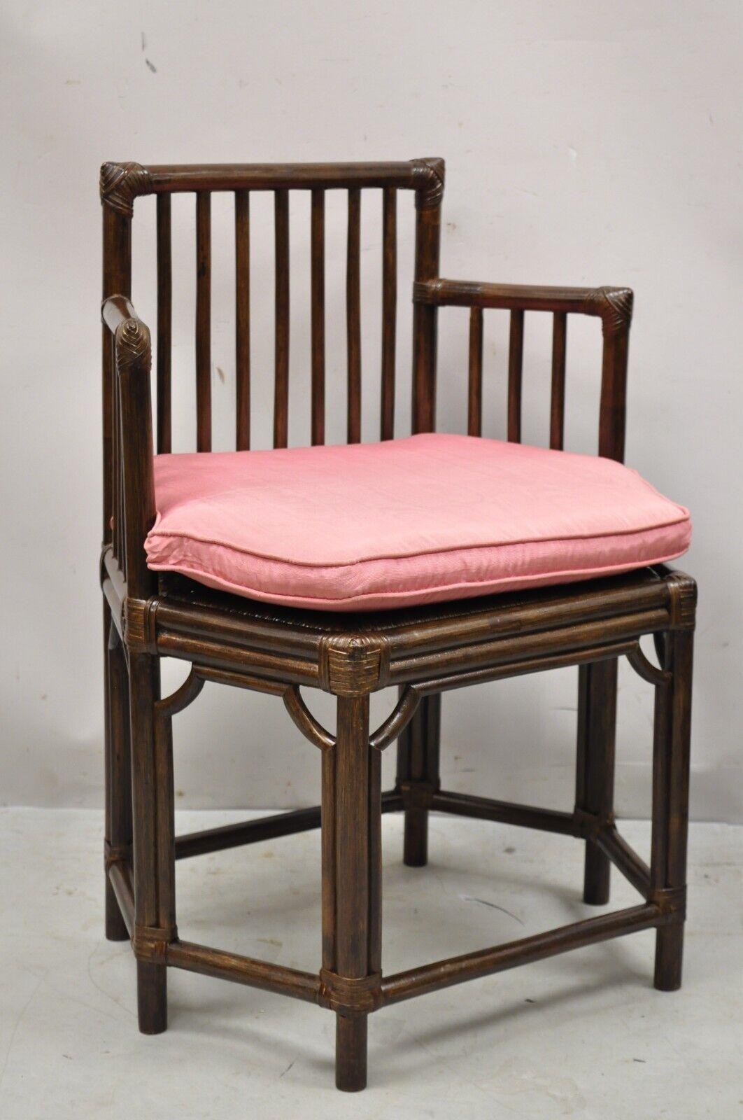 Vintage Chinoiserie Hollywood Regency Bamboo Rattan Hexagonal side cub arm chair. Item features a bamboo wooden frame, rattan seat, pink drop cushion, rattan wrapped corners, 6 legs, very nice vintage item, great style and form. Circa Mid 20th