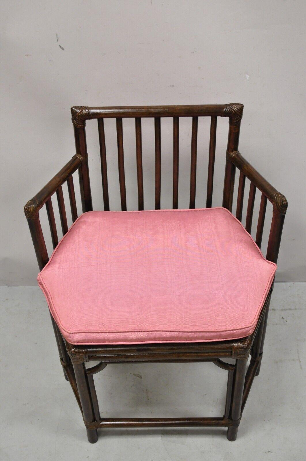 Vintage Chinoiserie Hollywood Regency Bamboo Rattan Hexagonal Side Arm Chair In Good Condition In Philadelphia, PA