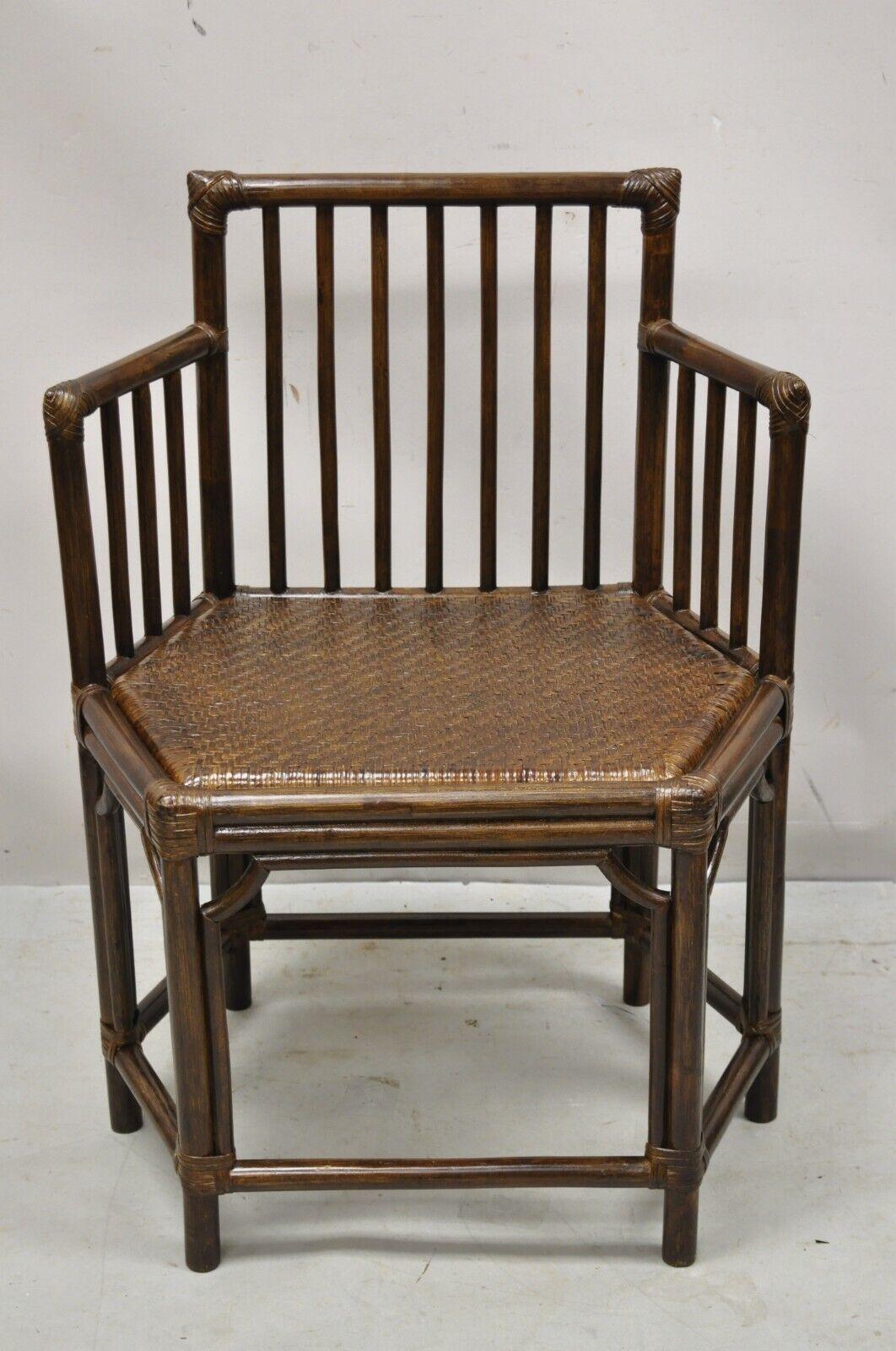 Vintage Chinoiserie Hollywood Regency Bamboo Rattan Hexagonal Side Arm Chair 1