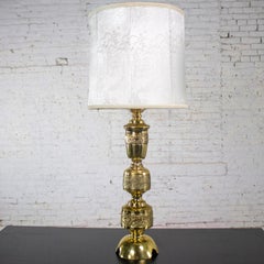 Vintage Chinoiserie Hollywood Regency Table Lamp Cast Brass w/Damask Shade