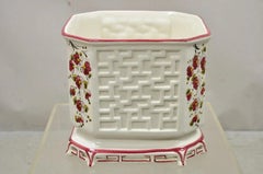 Vintage Chinoiserie Italian Porcelain Lattice Fretwork Pink Flower Planter Pot