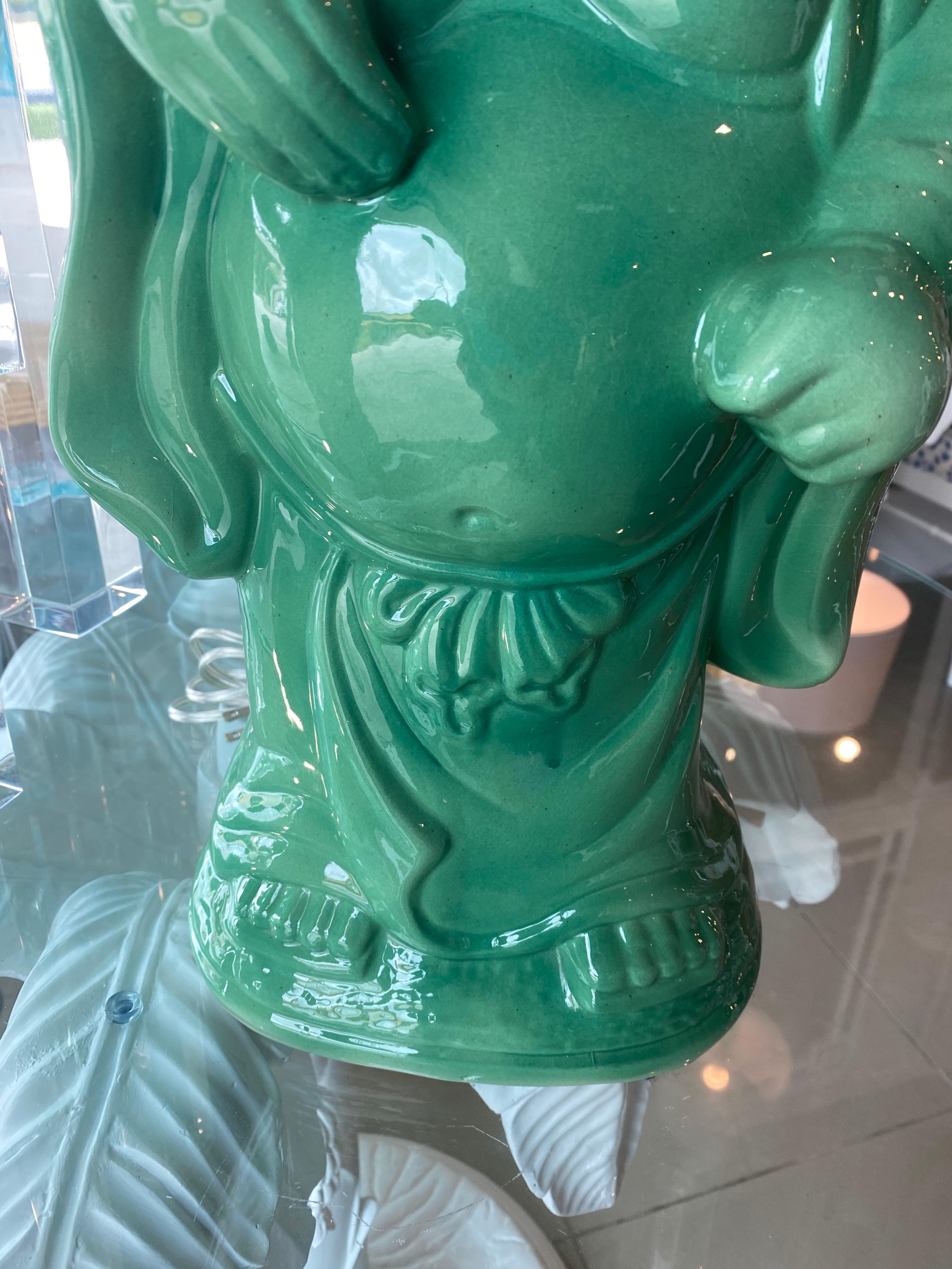 Vintage Chinoiserie Jade Green Buddha Ceramic Table Lamp Brass 6