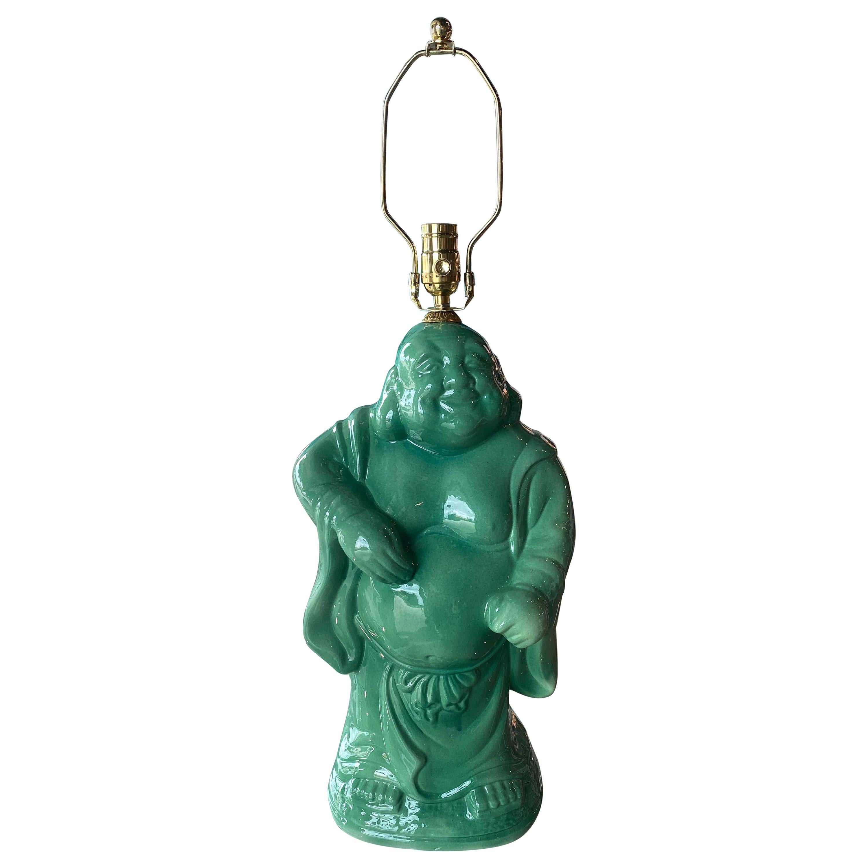 Lampe de bureau vintage chinoiseries en céramique vert jade et bouddha en laiton  en vente