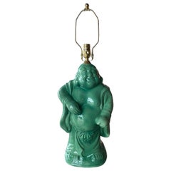 Lampe de bureau vintage chinoiseries en céramique vert jade et bouddha en laiton 