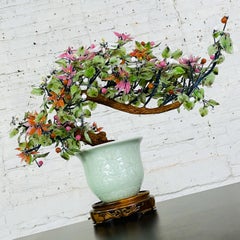 Vintage Chinoiserie Jade & Hardstone Bonsai Planter with Celadon Ceramic Pot