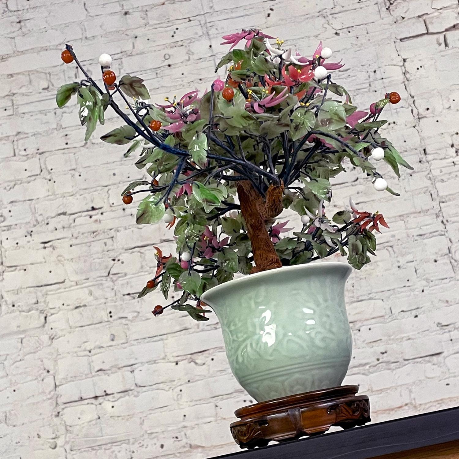 Vintage Chinoiserie Jade & Hardstone Bonsai Planter with Celadon Ceramic Pot 1