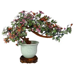 Vintage Chinoiserie Jade & Hardstone Bonsai Planter with Celadon Ceramic Pot