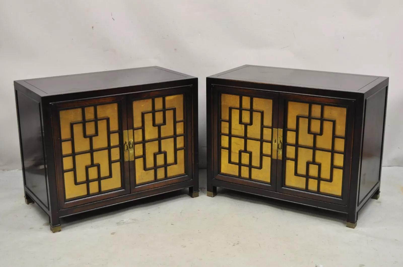 Vintage Chinoiserie James Mont Style 2 Door Nightstand Cabinets by Century - a Pair. Item features carved fretwork doors with gold leaf panels, brass capped feet, solid wood construction, single interior adjustable shelf, quality American
