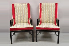 Vintage Chinoiserie James Mont Style Black Fretwork Lounge Arm Chairs - a Pair