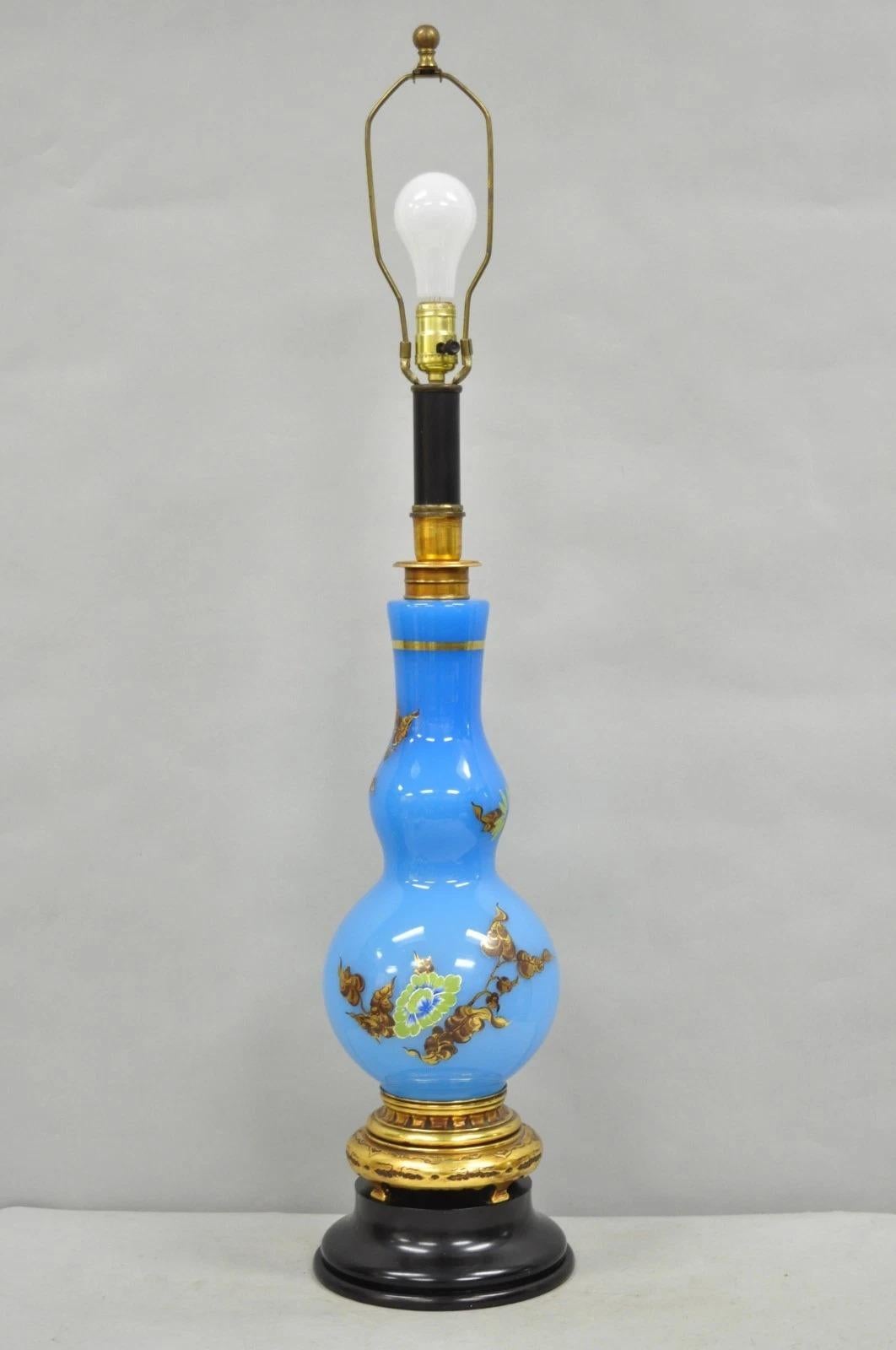 Vintage Chinoiserie James Mont Style Blue Glass Gold Gilt Tall Table Lamp For Sale 7