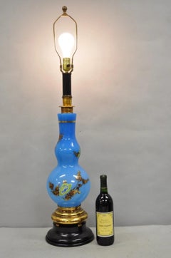 Vintage Chinoiserie James Mont Style Blue Glass Gold Gilt Tall Table Lamp