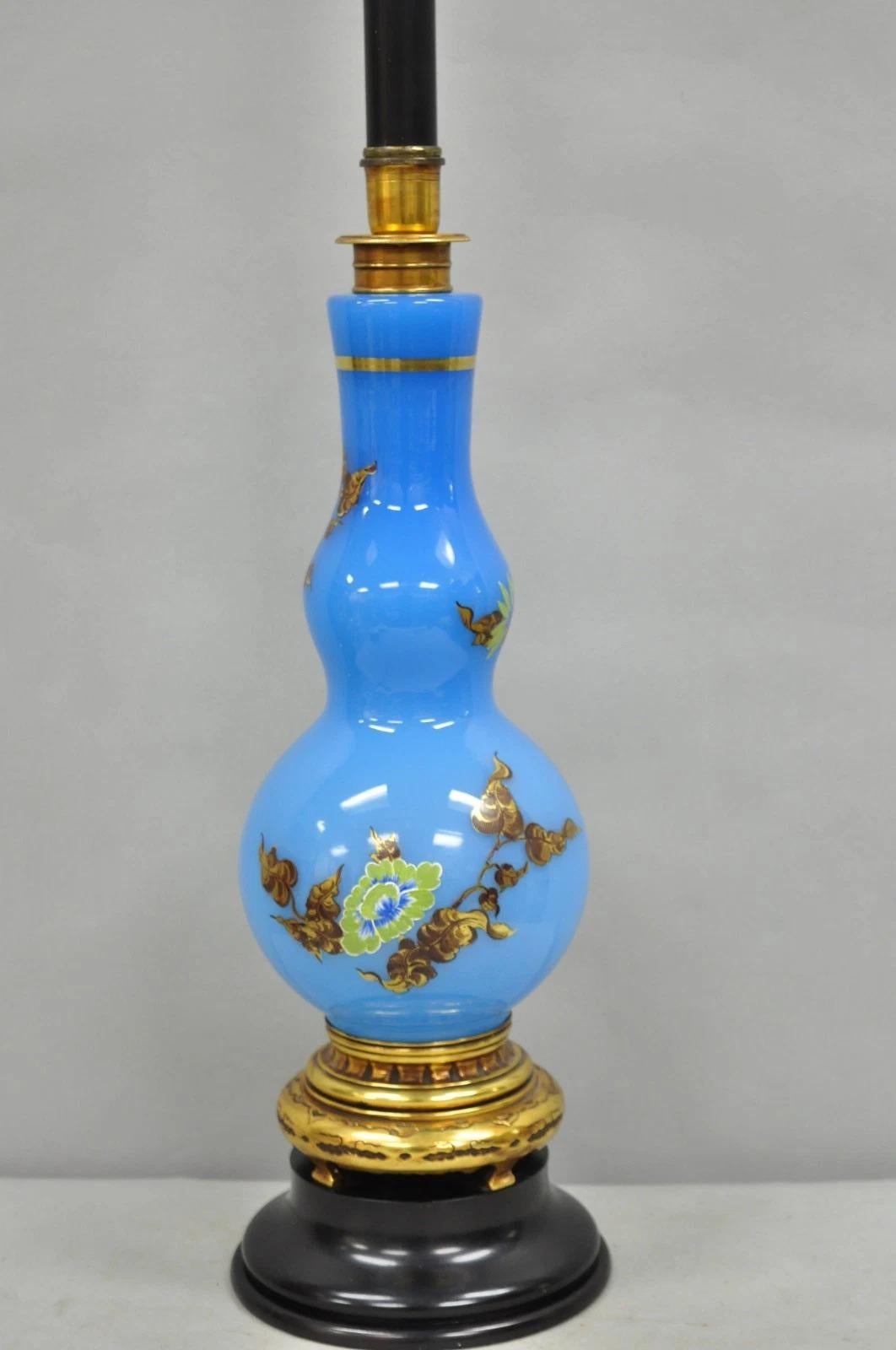 Unknown Vintage Chinoiserie James Mont Style Blue Glass Gold Gilt Tall Table Lamp For Sale