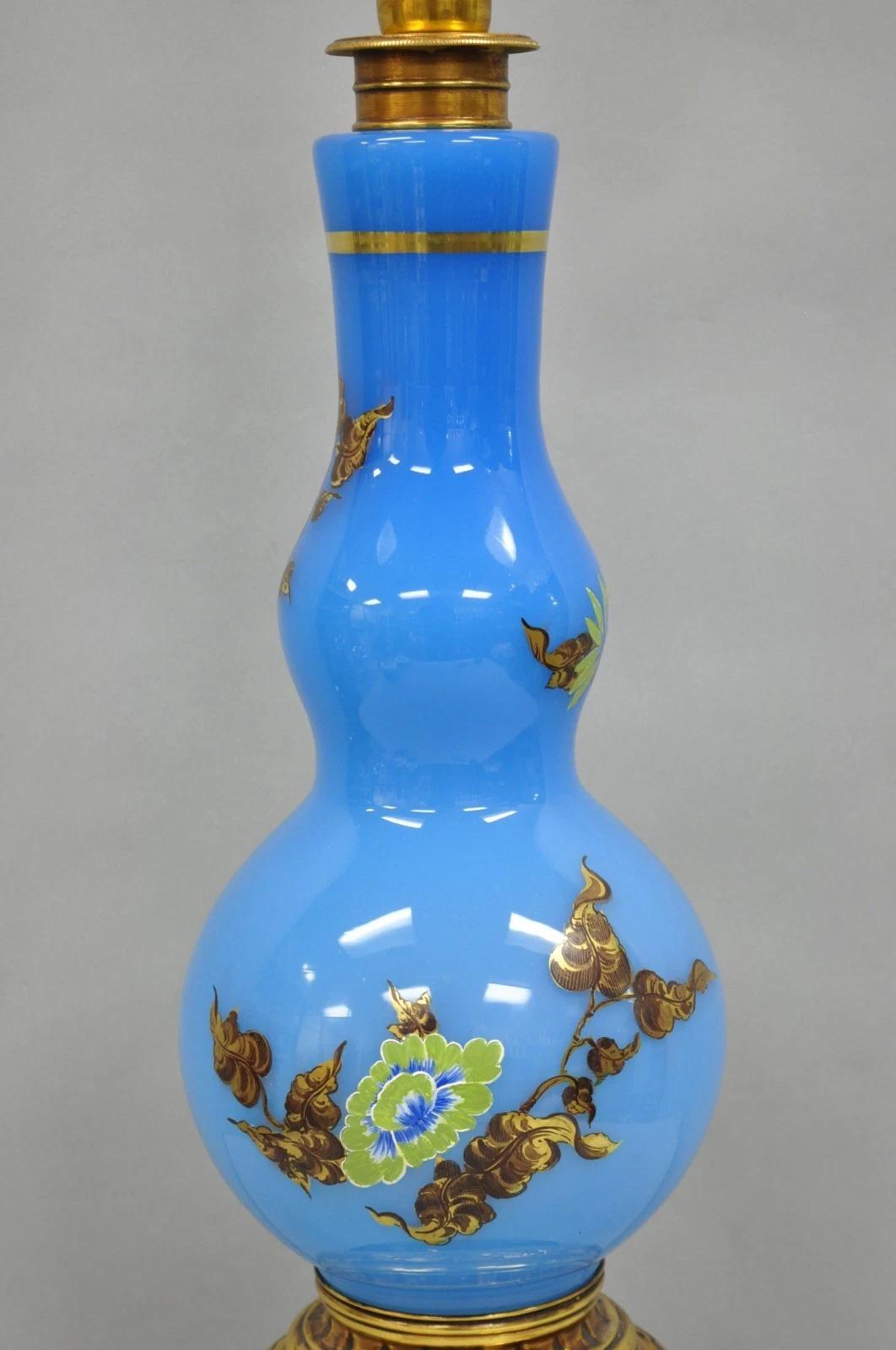 Vintage Chinoiserie James Mont Style Blue Glass Gold Gilt Tall Table Lamp In Good Condition For Sale In Philadelphia, PA