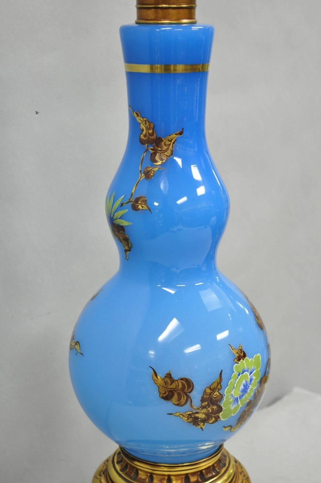 Vintage Chinoiserie James Mont Style Blue Glass Gold Gilt Tall Table Lamp For Sale 2