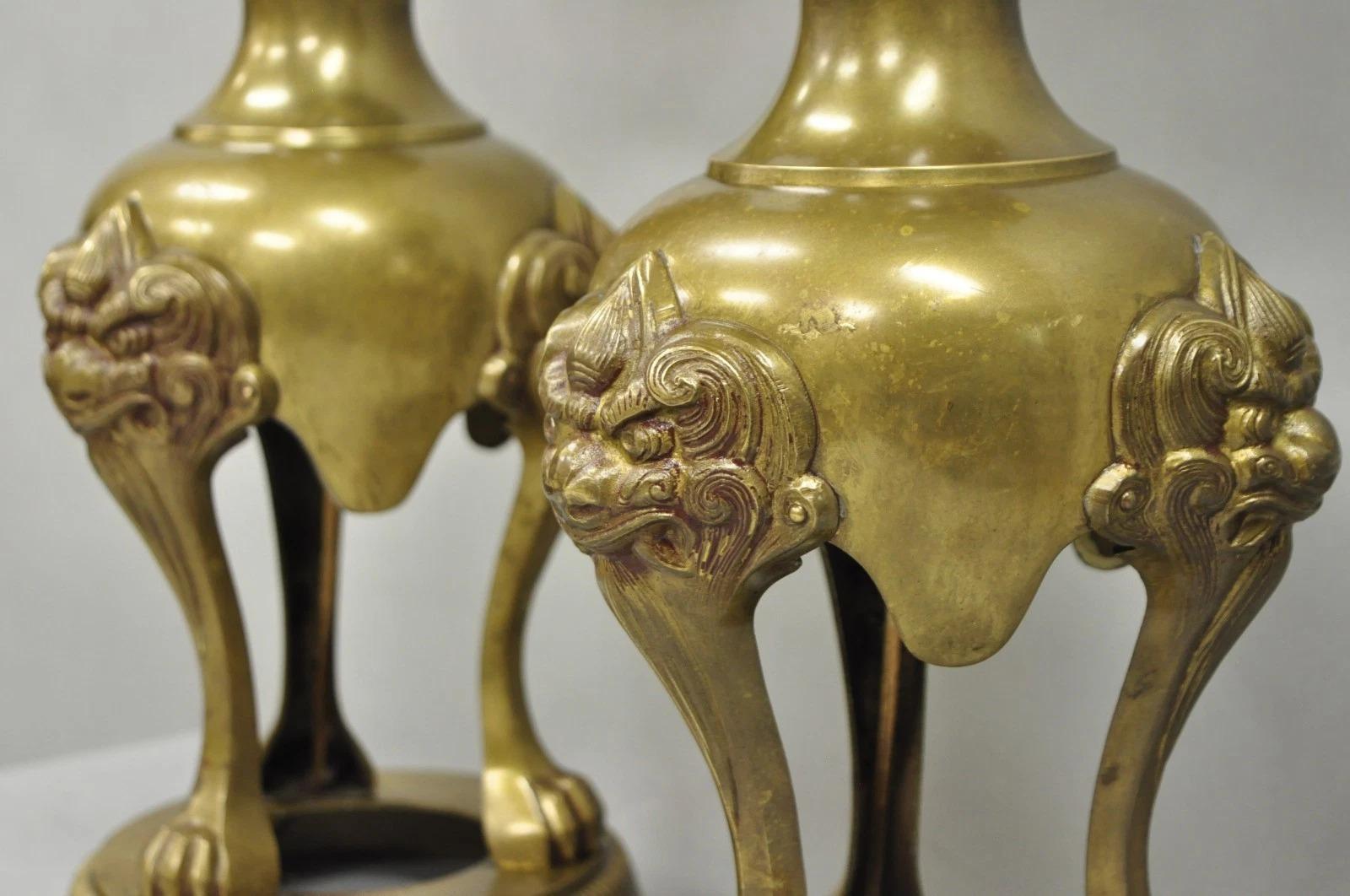 Vintage Chinoiserie James Mont Style Bronze Chinese Foo Dog Table Lamps (B) Pair For Sale 6