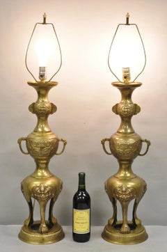 Vintage Chinoiserie James Mont Style Bronze Chinese Foo Dog Table Lamps (B) Pair