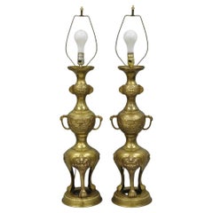 Vintage Chinoiserie James Mont Style Bronze Chinese Foo Dog Table Lamps (B) Pair