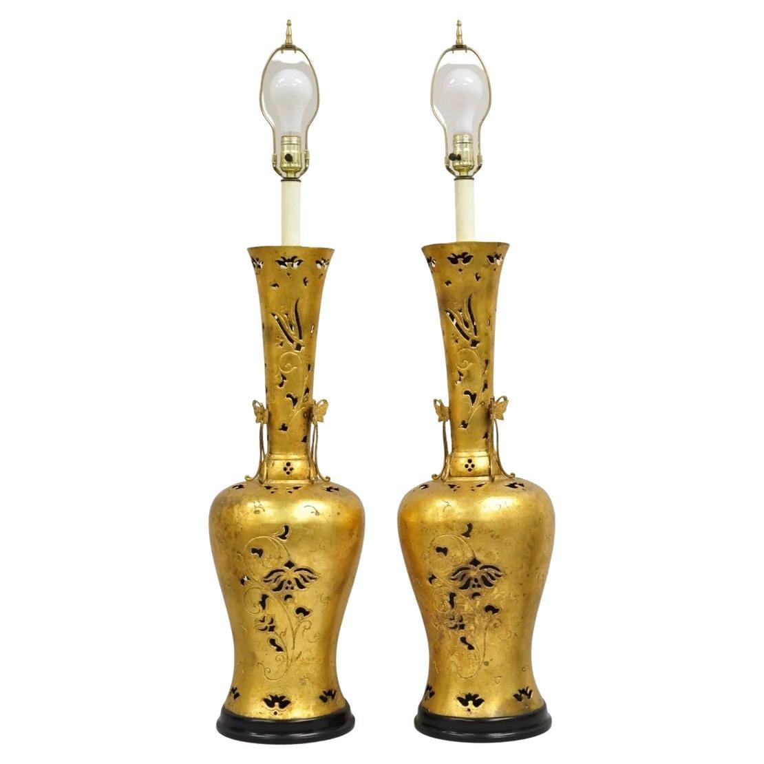 Vintage Chinoiserie James Mont Style Tall Gold Gilt Metal Table Lamps - a Pair