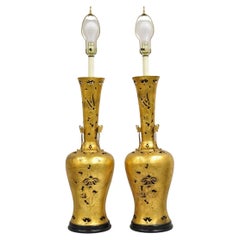 Vintage Chinoiserie James Mont Style Tall Gold Gilt Metal Table Lamps - a Pair