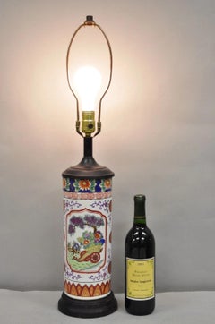 Lampe de table vintage Chinoiserie japonaise en porcelaine à cylindre peinte à l'orientale
