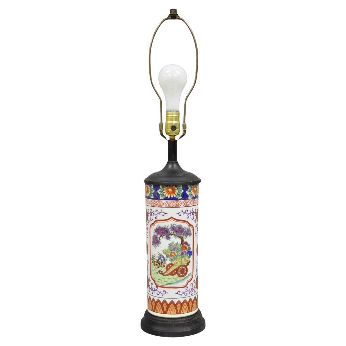 Vintage Chinoiserie Japanese Porcelain Cylinder Oriental Painted Table Lamp