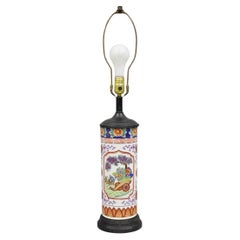 Vintage Chinoiserie Japanese Porcelain Cylinder Oriental Painted Table Lamp