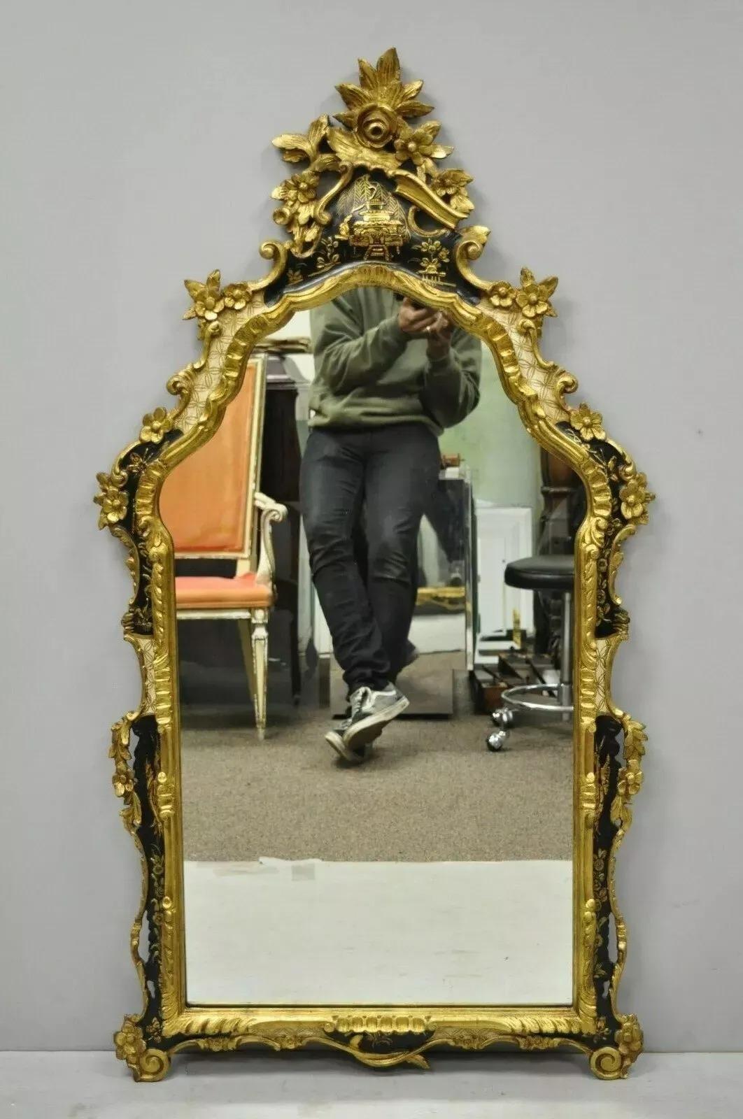 Vintage Chinoiserie Japanned Rococo Italian Gold Gilt Carved Wood Wall Mirror For Sale 6