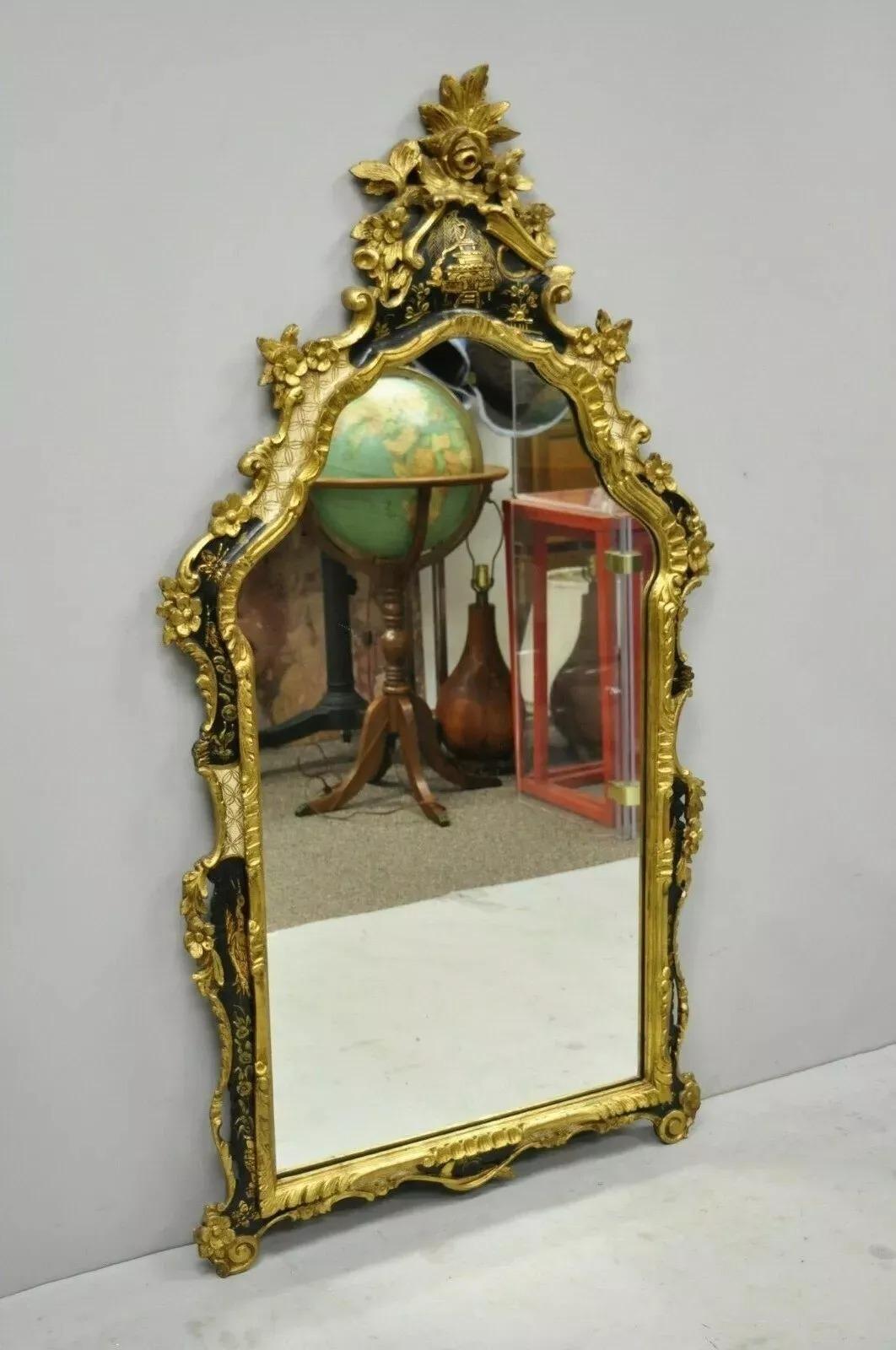 Vintage Italian Gold Gilt Wood Chinoiserie Japanned Rococo Console Wall Mirror. Item features black and gold gilt accents, chinoiserie 