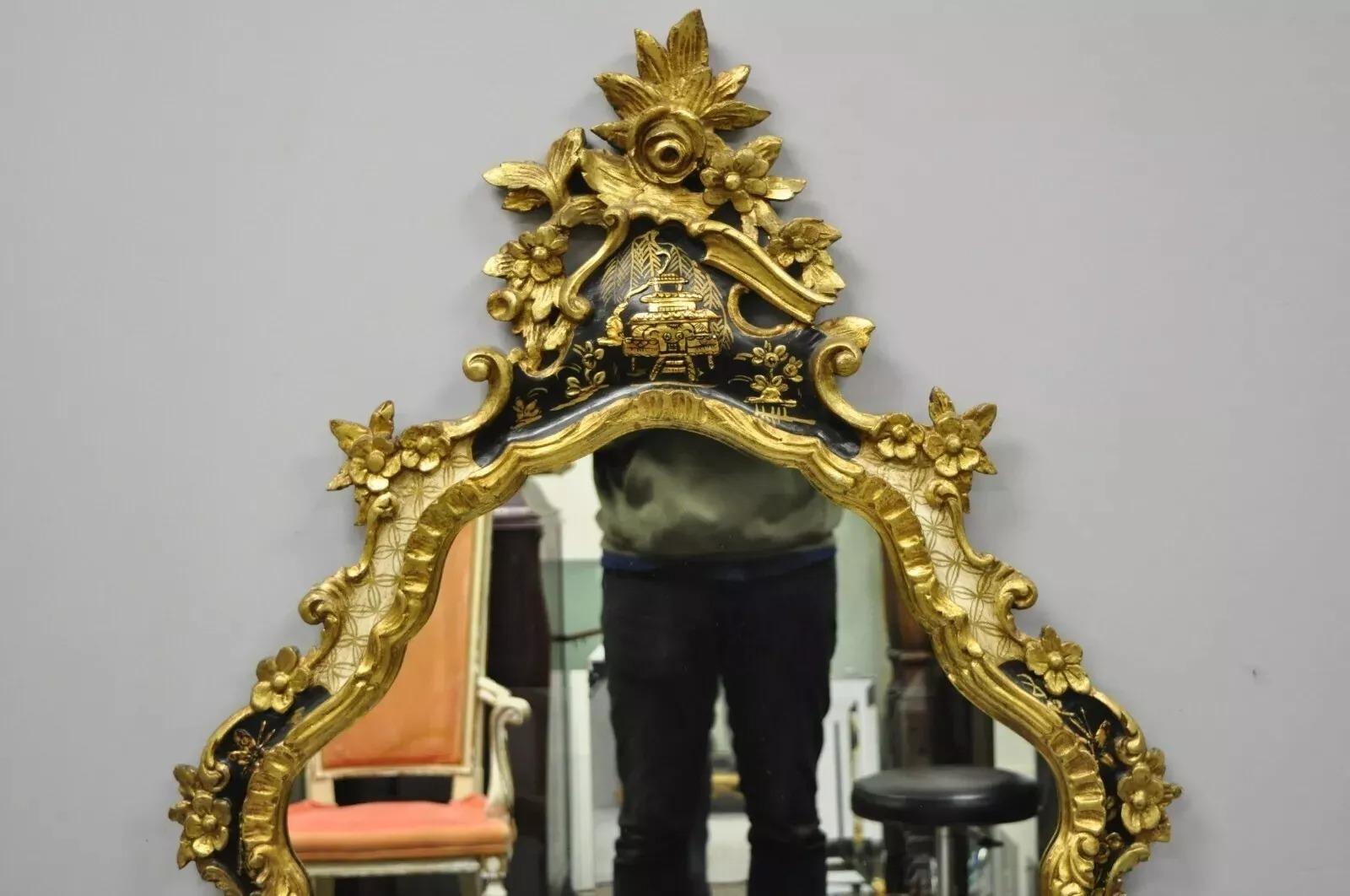 Unknown Vintage Chinoiserie Japanned Rococo Italian Gold Gilt Carved Wood Wall Mirror For Sale