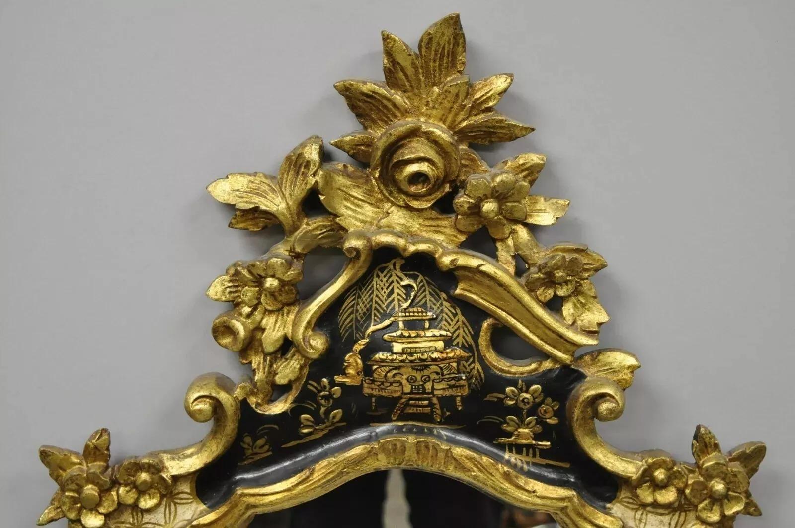 Vintage Chinoiserie Japanned Rococo Italian Gold Gilt Carved Wood Wall Mirror In Good Condition For Sale In Philadelphia, PA