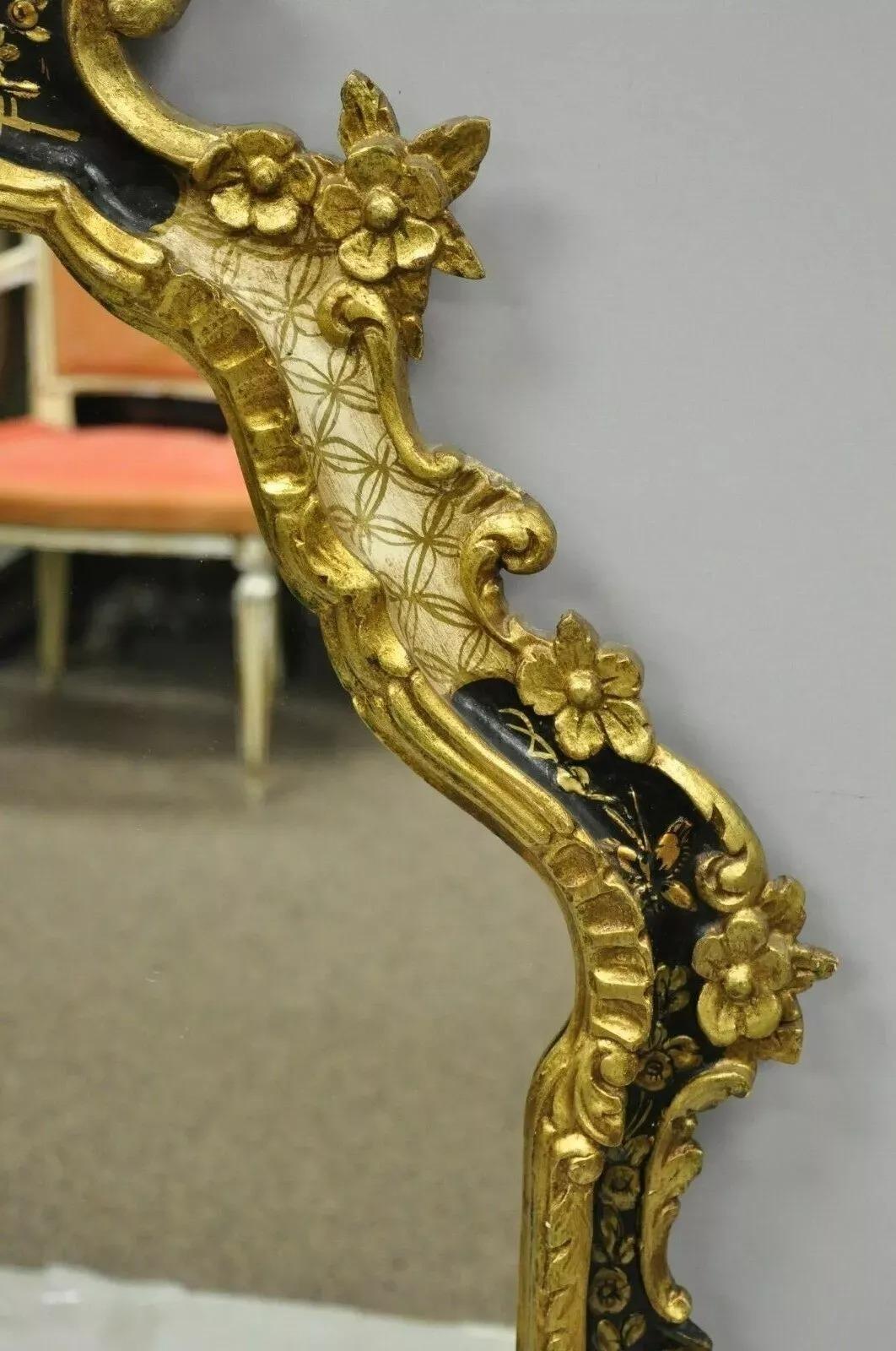 20th Century Vintage Chinoiserie Japanned Rococo Italian Gold Gilt Carved Wood Wall Mirror For Sale