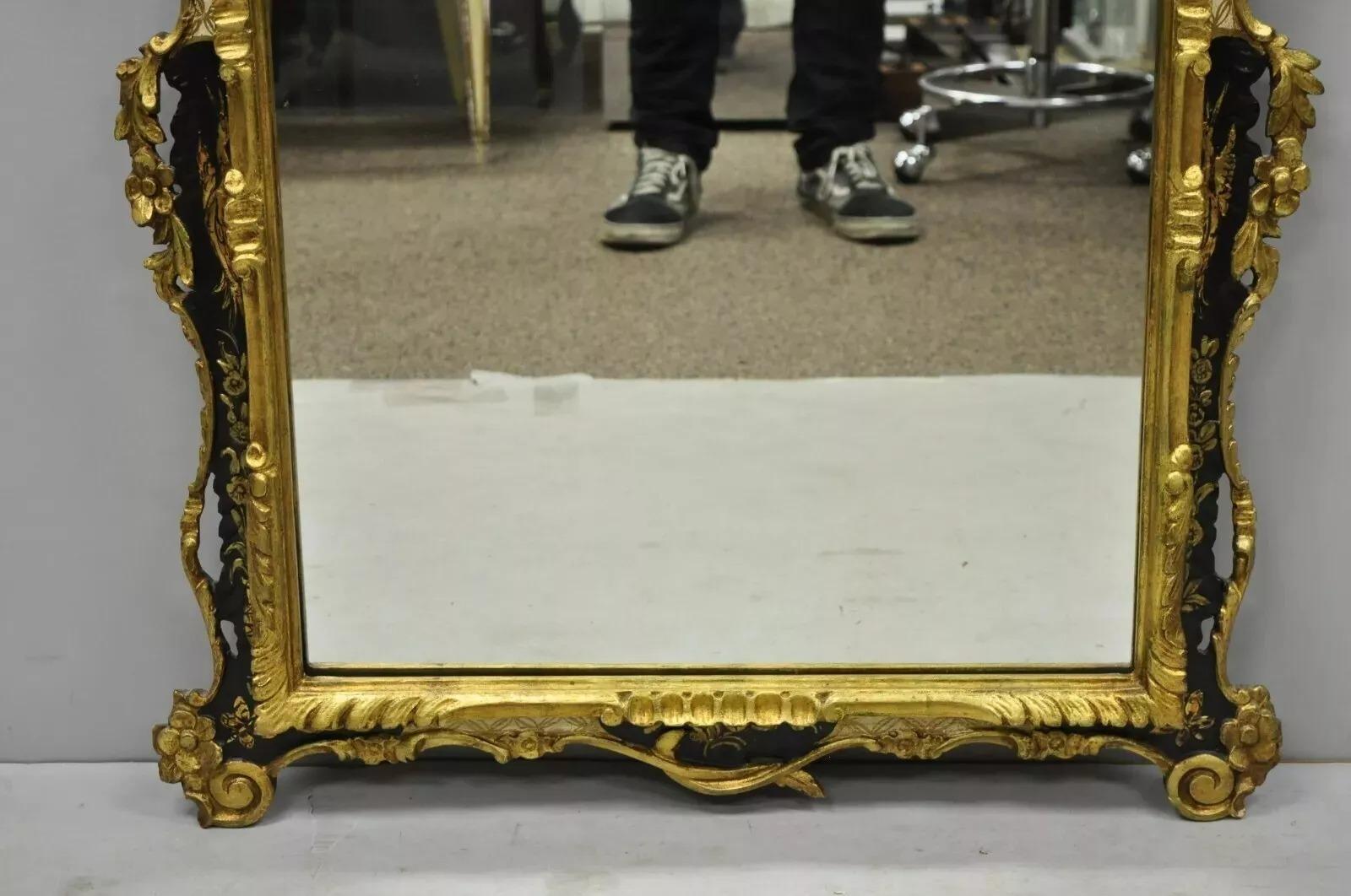 Vintage Chinoiserie Japanned Rococo Italian Gold Gilt Carved Wood Wall Mirror For Sale 1