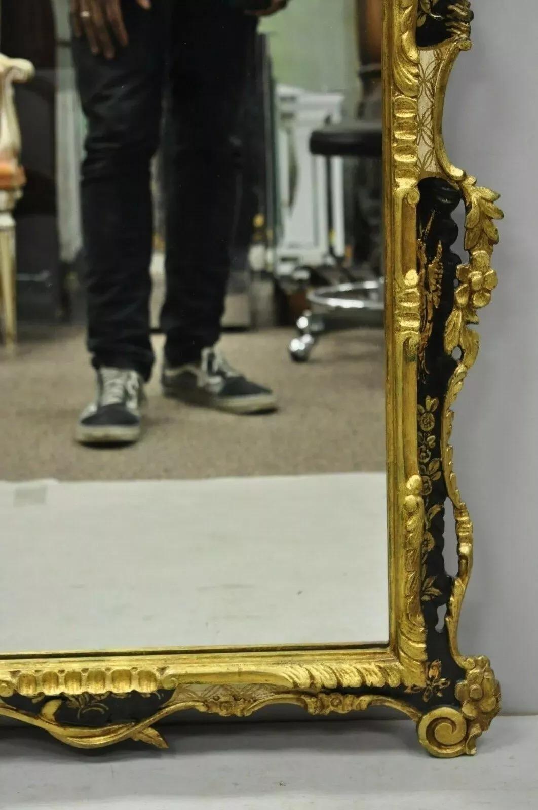 Vintage Chinoiserie Japanned Rococo Italian Gold Gilt Carved Wood Wall Mirror For Sale 2