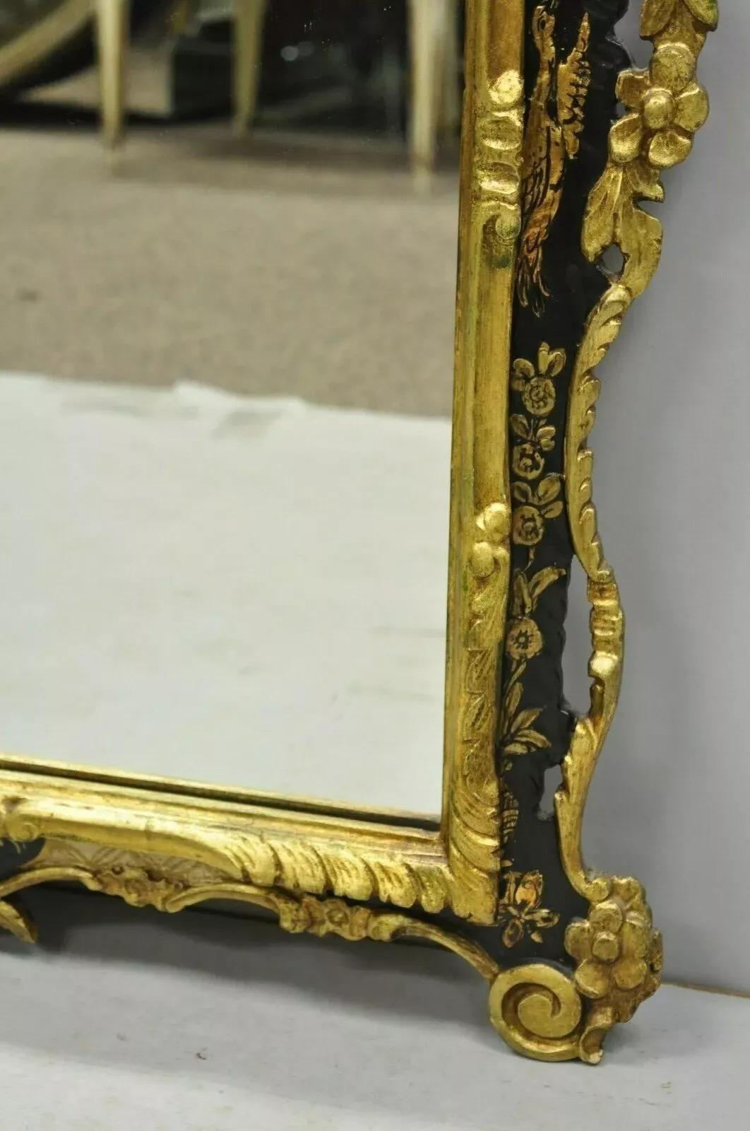 Vintage Chinoiserie Japanned Rococo Italian Gold Gilt Carved Wood Wall Mirror For Sale 3
