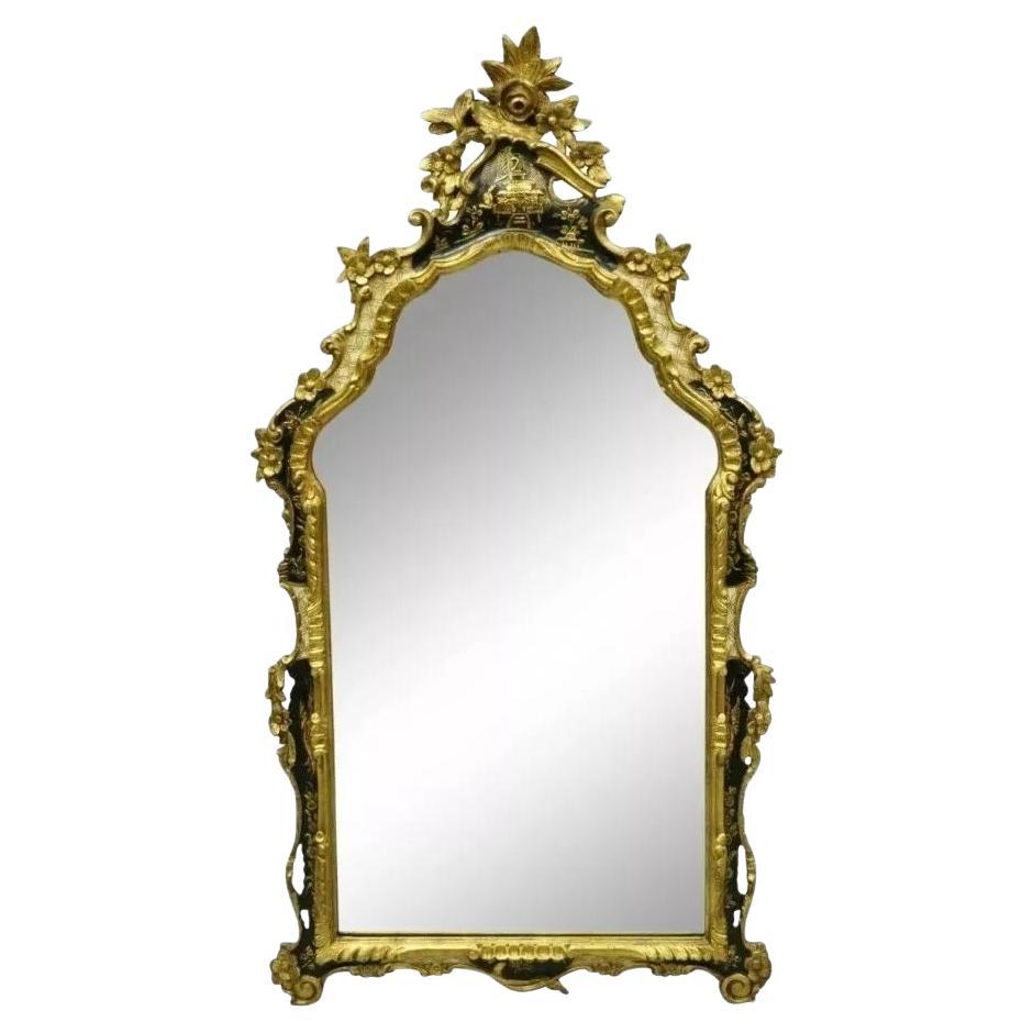 Specchio da parete in legno intagliato d'oro d'epoca Chinoiserie Japanned Rococo Italiano
