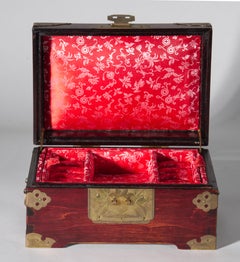 Vintage Chinoiserie Jewelry Box, Wood with Jade Inlay and Brass Decor