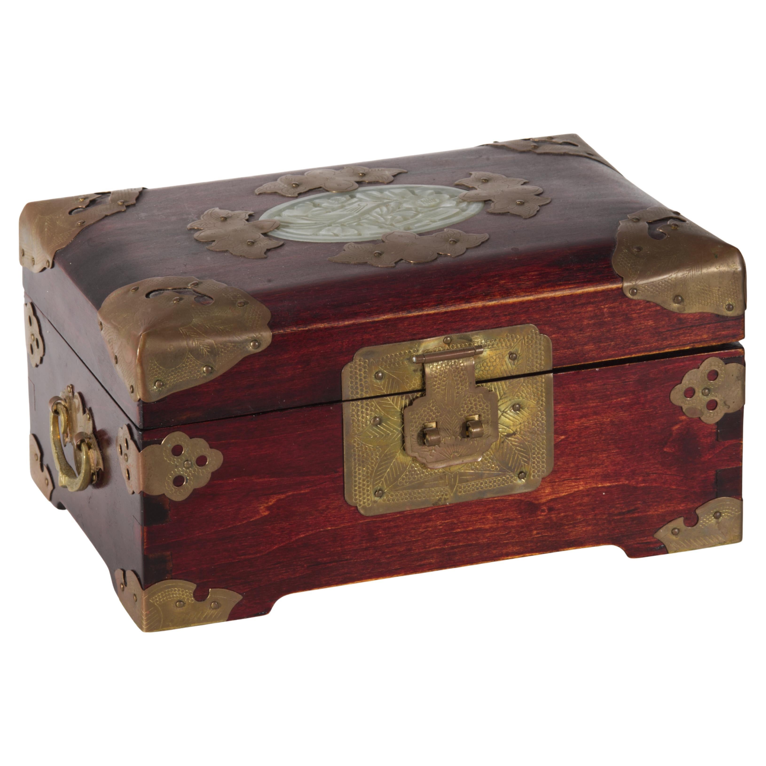 Vintage Chinoiserie Jewelry Box, Wood with Jade Inlay and Brass Decor