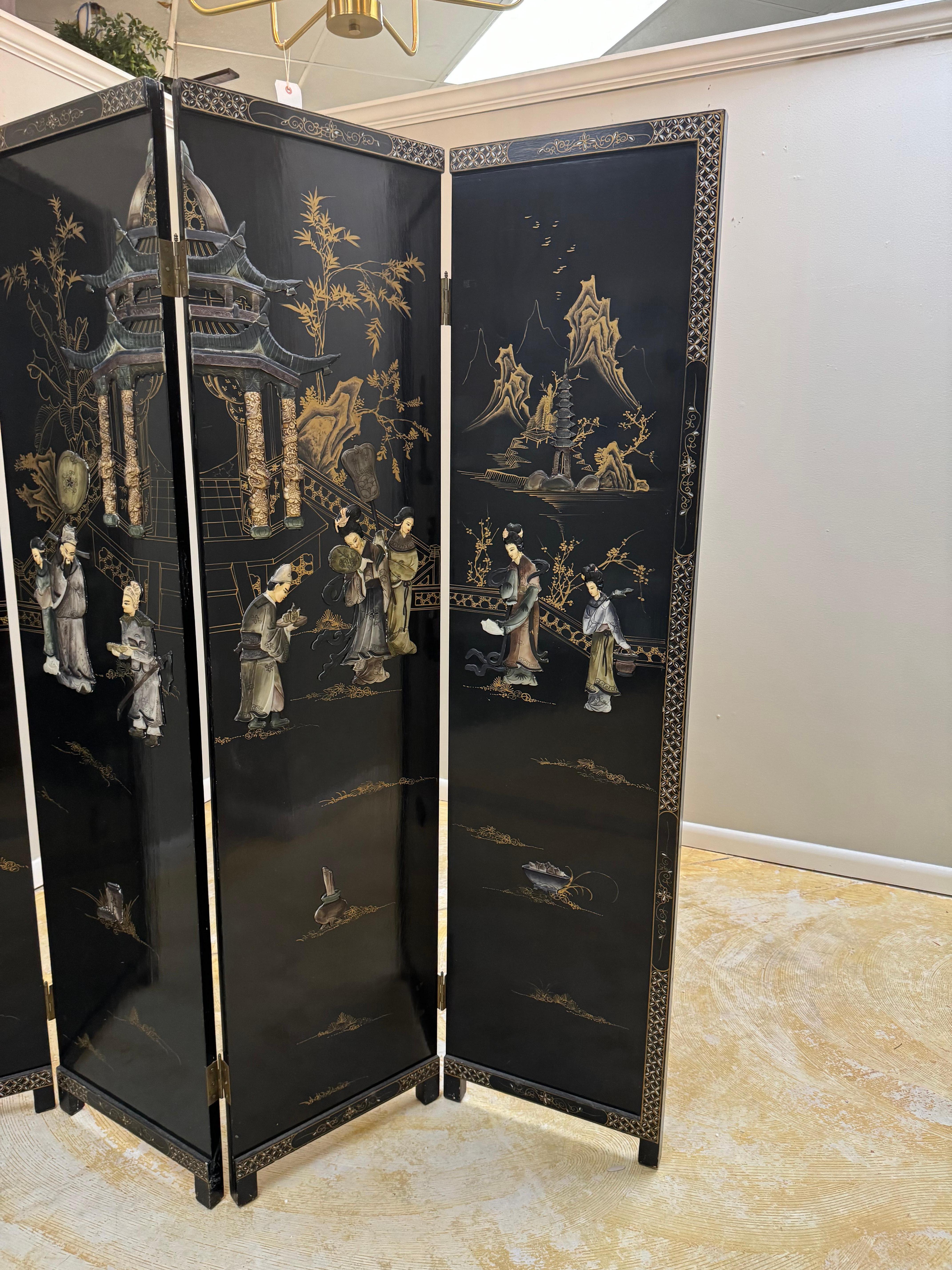 Chinoiserie black lacquer mother of pearls & soap stones 4 panels room divider For Sale 8