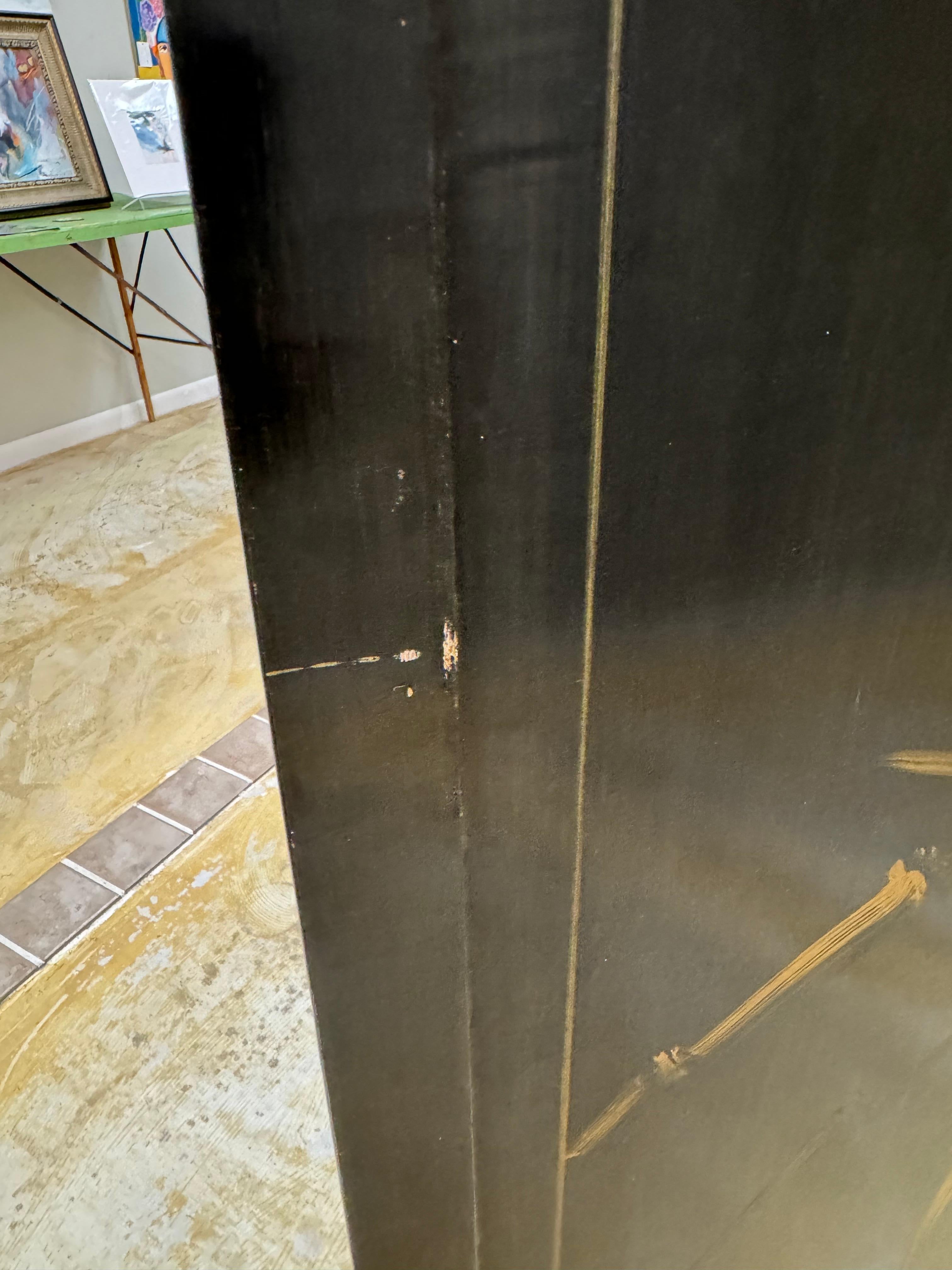 Chinoiserie black lacquer mother of pearls & soap stones 4 panels room divider For Sale 9