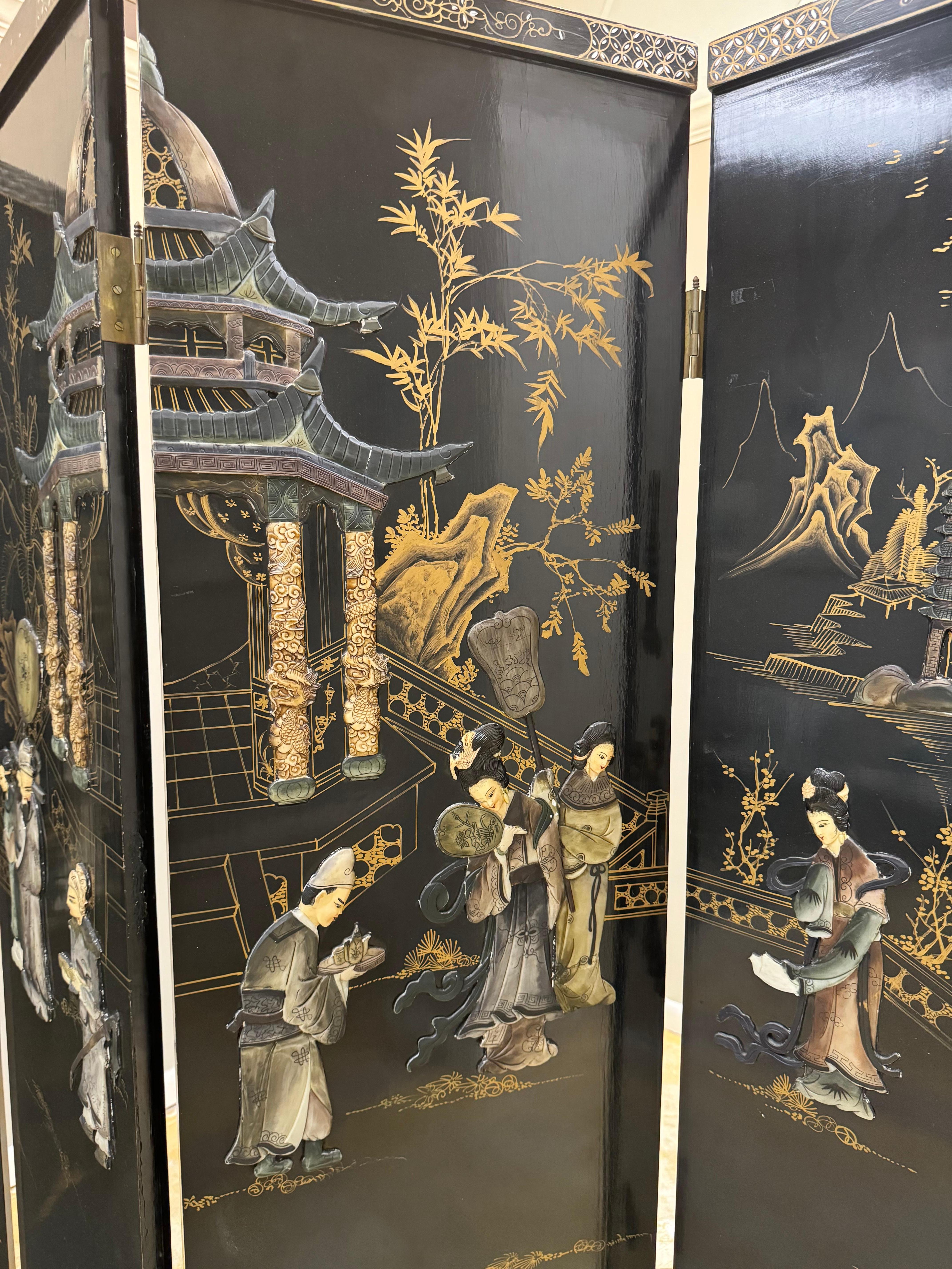 Chinese Chinoiserie black lacquer mother of pearls & soap stones 4 panels room divider For Sale