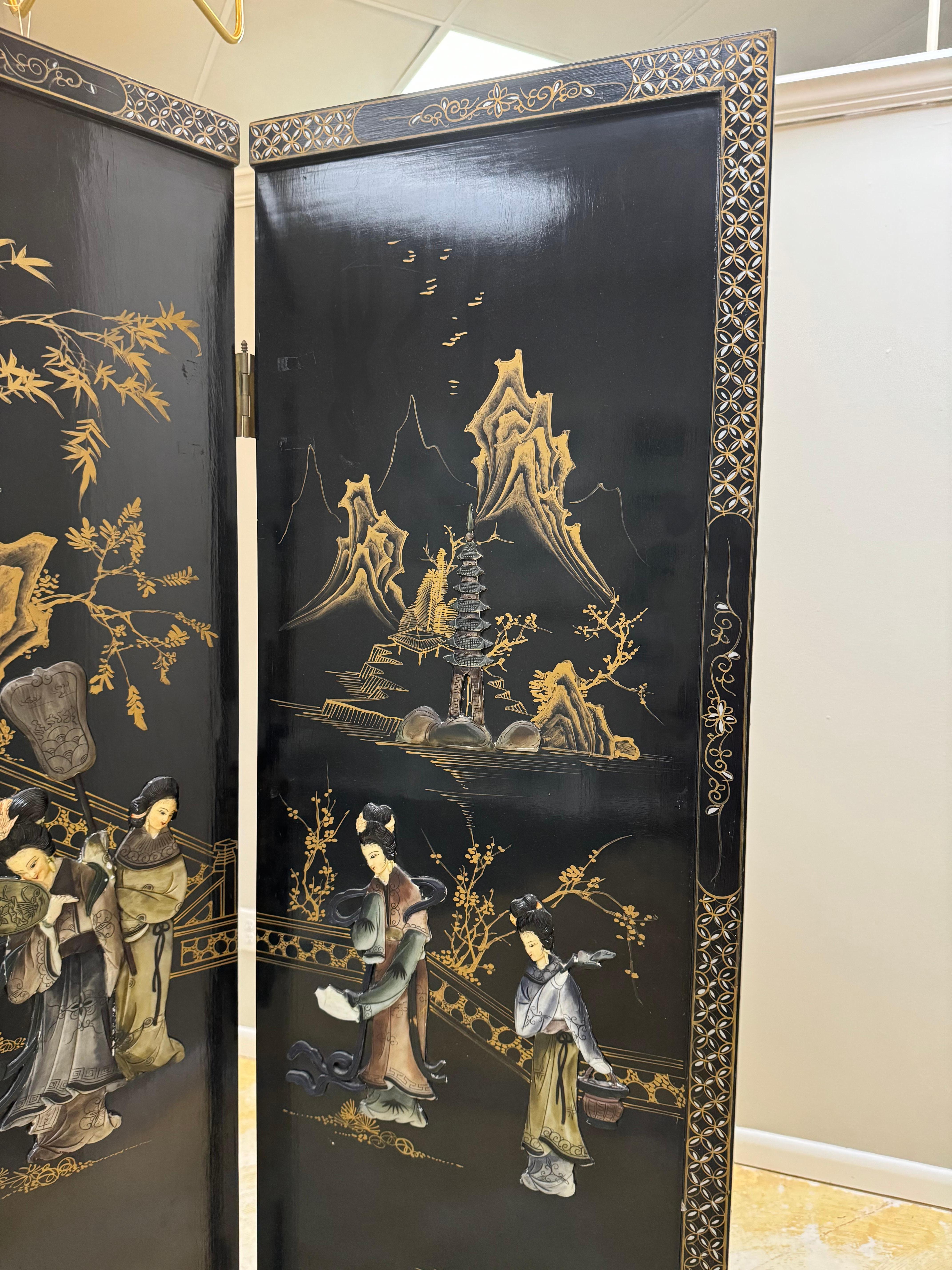 Chinoiserie black lacquer mother of pearls & soap stones 4 panels room divider In Good Condition For Sale In Birmingham, AL